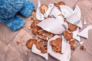 Plate of broken cookies on floor